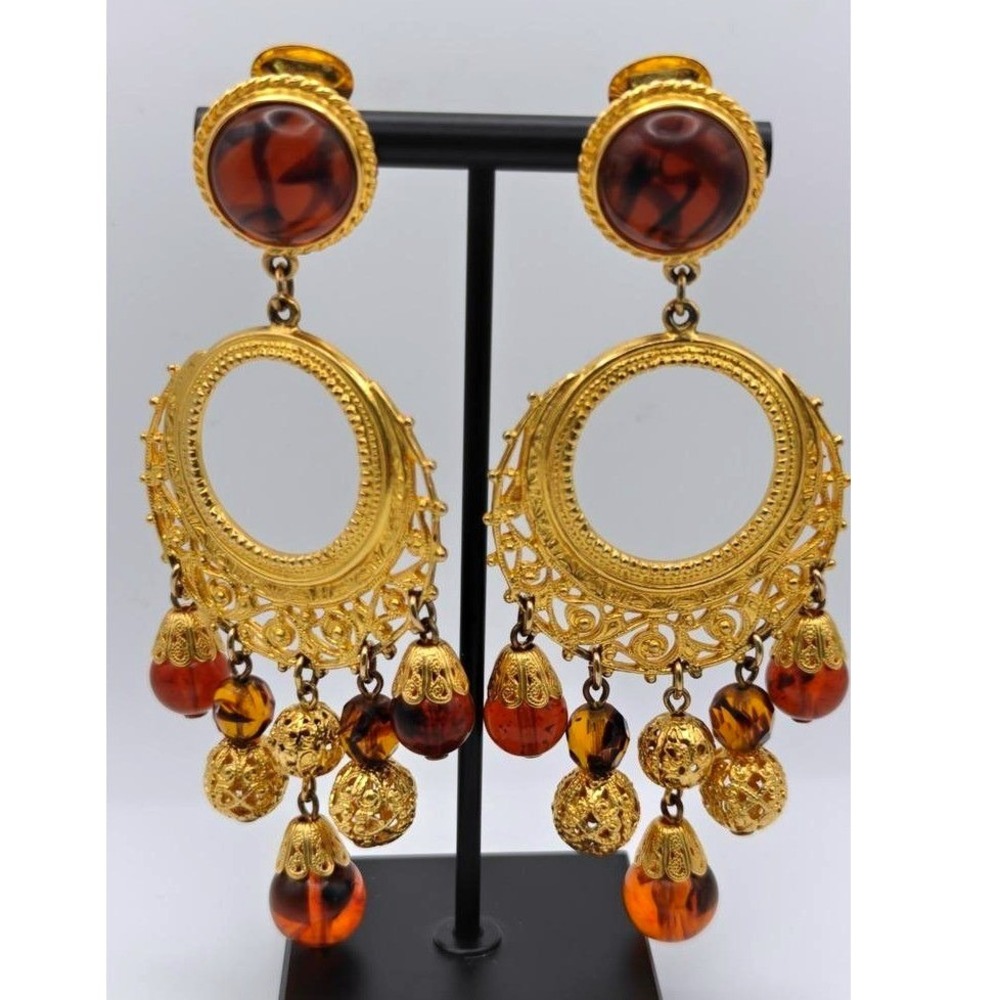 Ben-Amun Vintage 24k Gold Plated Amber Resin Chandelier Clip Ons Collectible